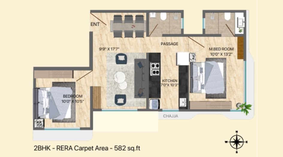Neurata-Aventus-Erica-Floor-Plani-2 BHK-582 Sqft